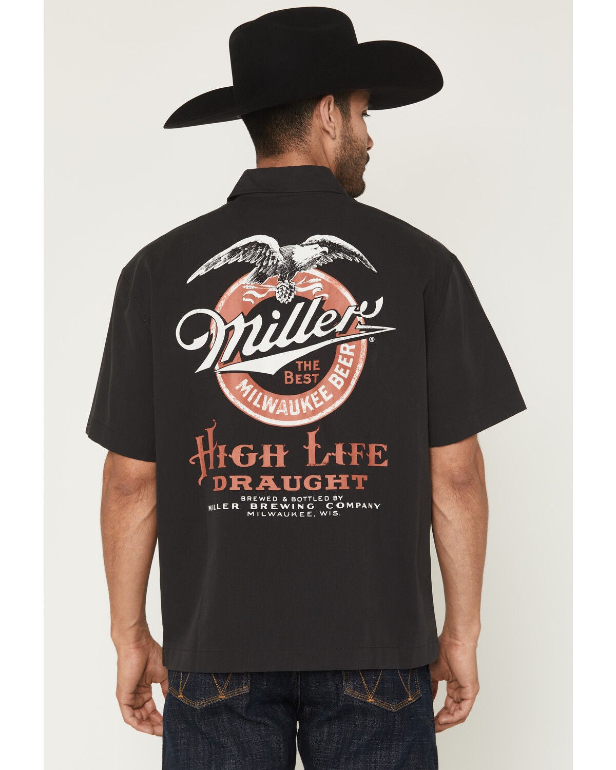 Image #1 - Miller Men's Boot Barn Exclusive Miller High Life Short Sleeve Button-Down Shirt, Black, hi-res