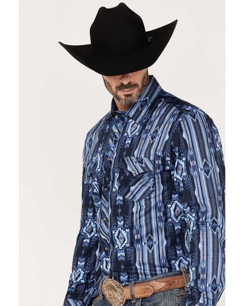 Image #2 - Rock & Roll Denim Men's Southwestern Stretch Long Sleeve Snap Shirt, Blue, hi-res