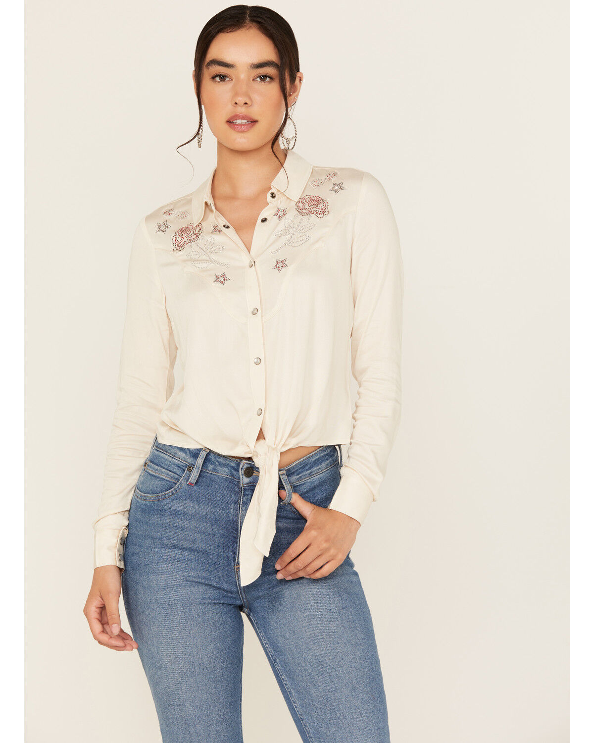 Image #1 - Idyllwind Women's Jessamin Embellished Long Sleeve Tie-Front Snap Western Shirt, Ivory, hi-res
