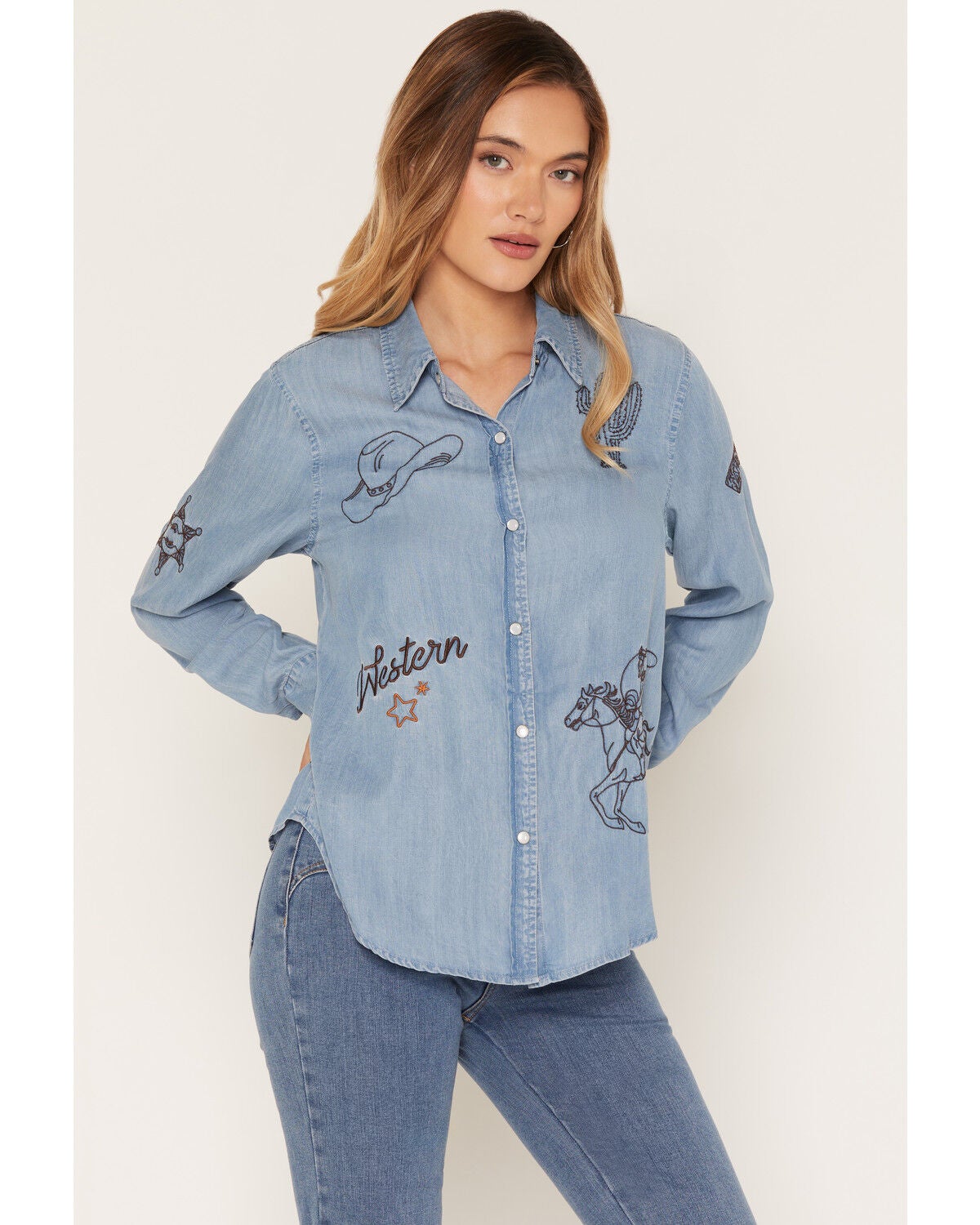 Blue B Women's Light Wash Western Embroidered Long Sleeve Pearl Snap Shirt, Light Wash, hi-res