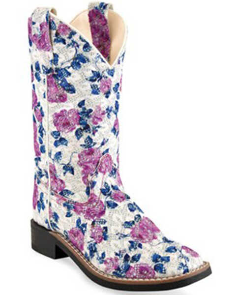 Image #1 - Old West Girls' Flower Girl Western Boots - Broad Square Toe, Multi, hi-res