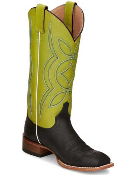 Justin Women's Minick Lime Green & Dusk Black Cowhide Leather Western Boots - Broad Square Toe , Black, hi-res