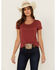 Image #1 - Shyanne Women's Lovell Star Burnout Henley Tee, Brick Red, hi-res