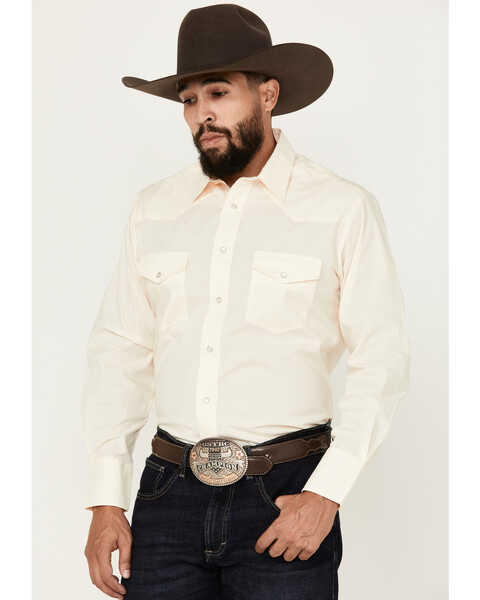 Image #1 - Roper Men's Solid Long Sleeve Pearl Snap Western Shirt, Cream, hi-res