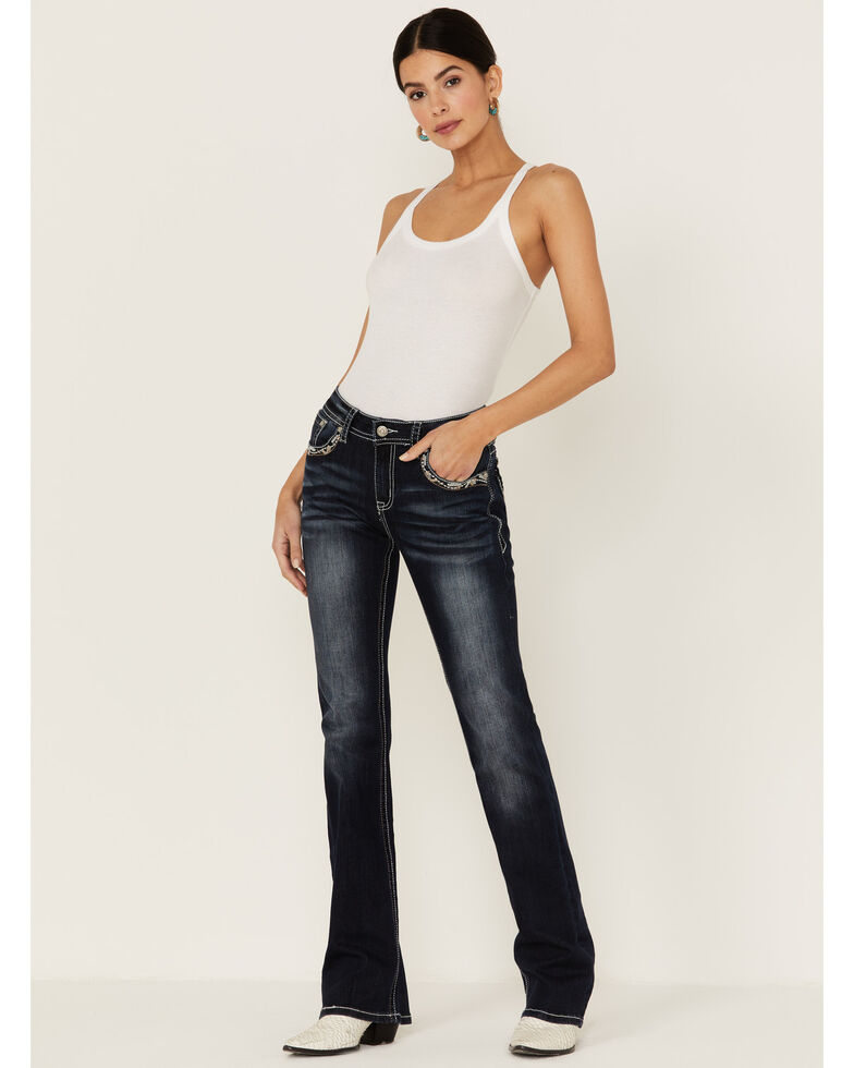 Grace in LA Women's Dark Wash Leopard Print Pocket Bootcut Jeans, Blue, hi-res
