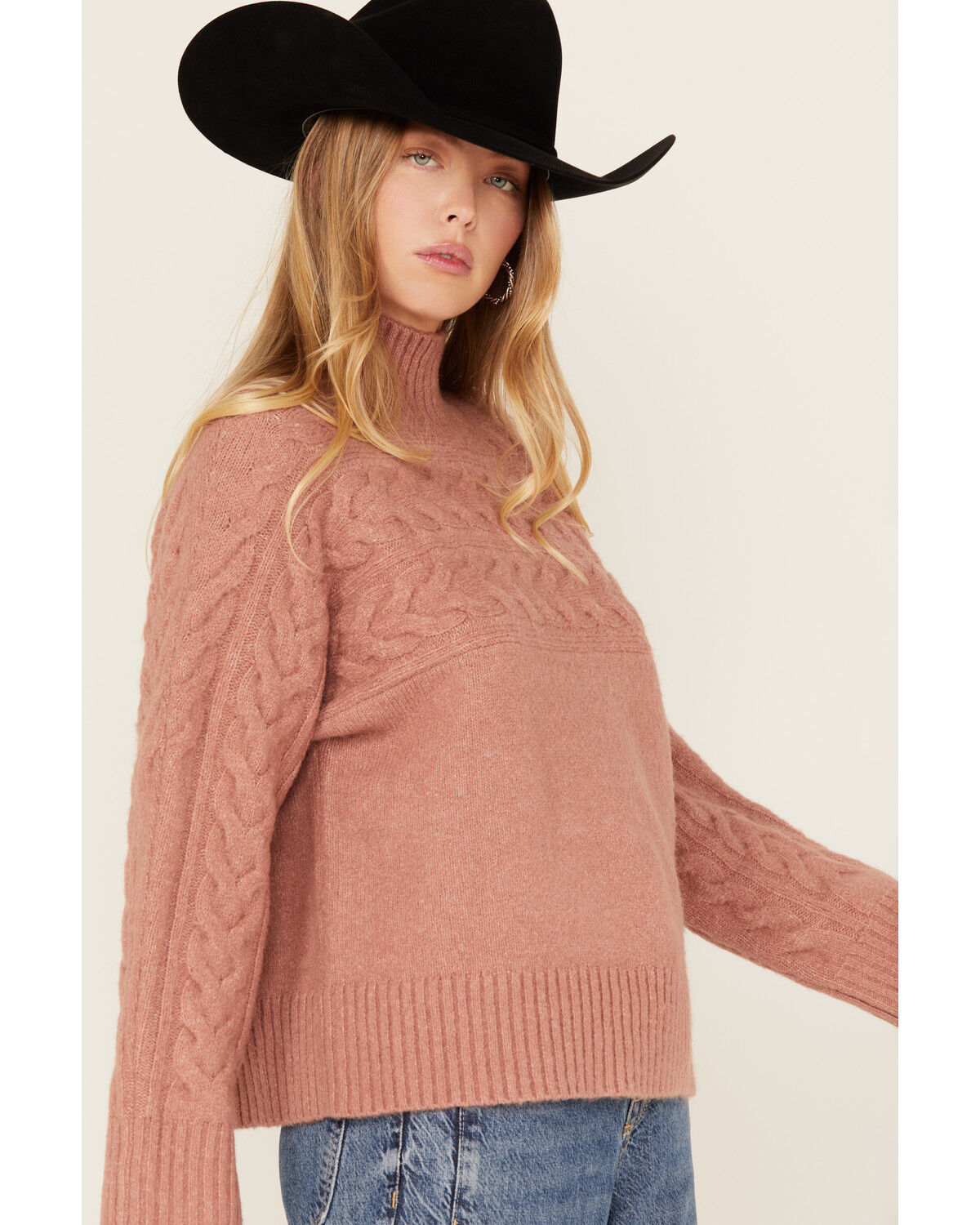 Image #2 - Cleo + Wolf Women's Mock Neck Pullover Cable Knit Sweater, Peach, hi-res