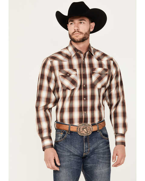 Rodeo Clothing Men's Plaid Print Long Sleeve Snap Western Shirt, Burgundy, hi-res