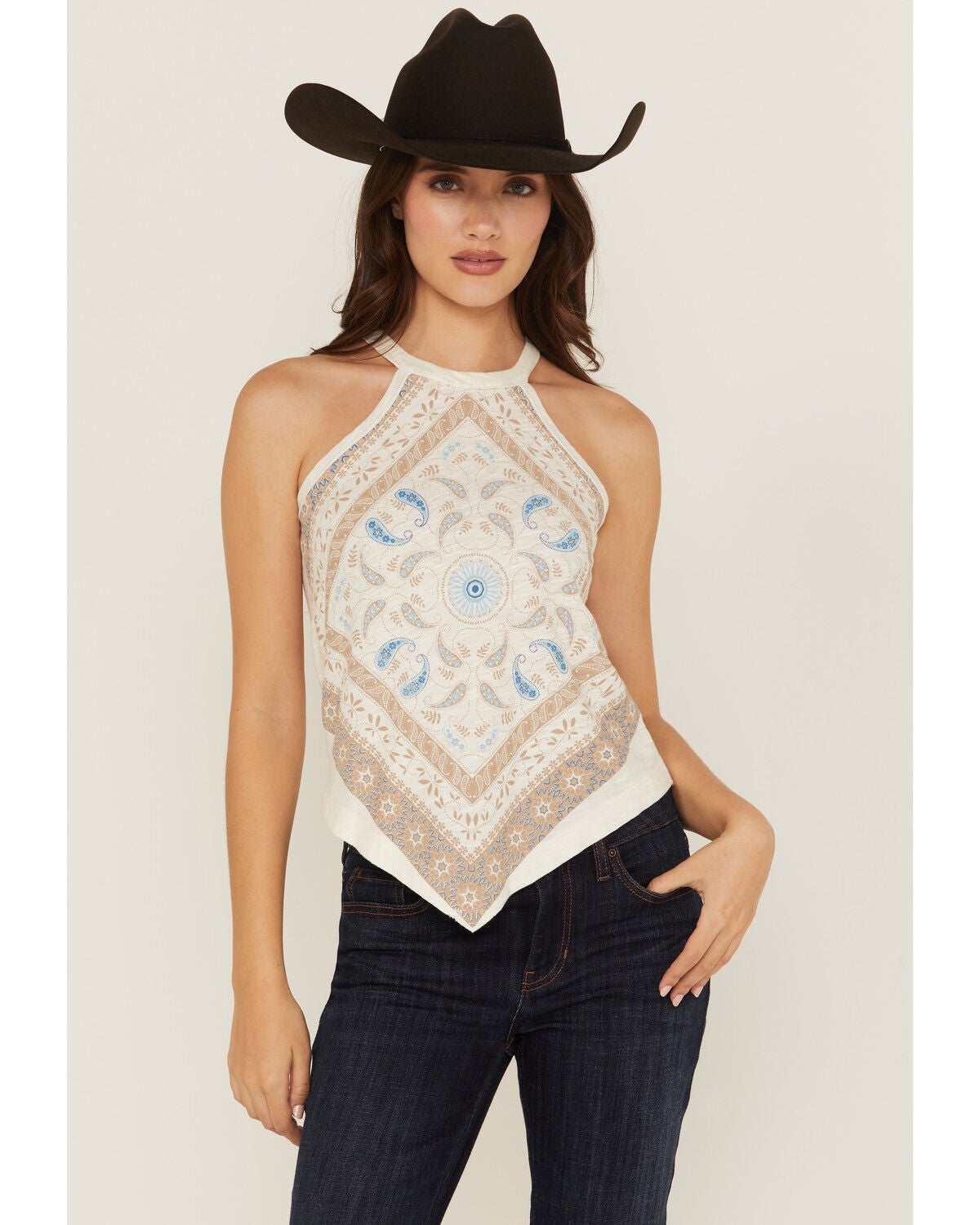Shyanne Women's Bandana Print Halter Tank, Ivory, hi-res