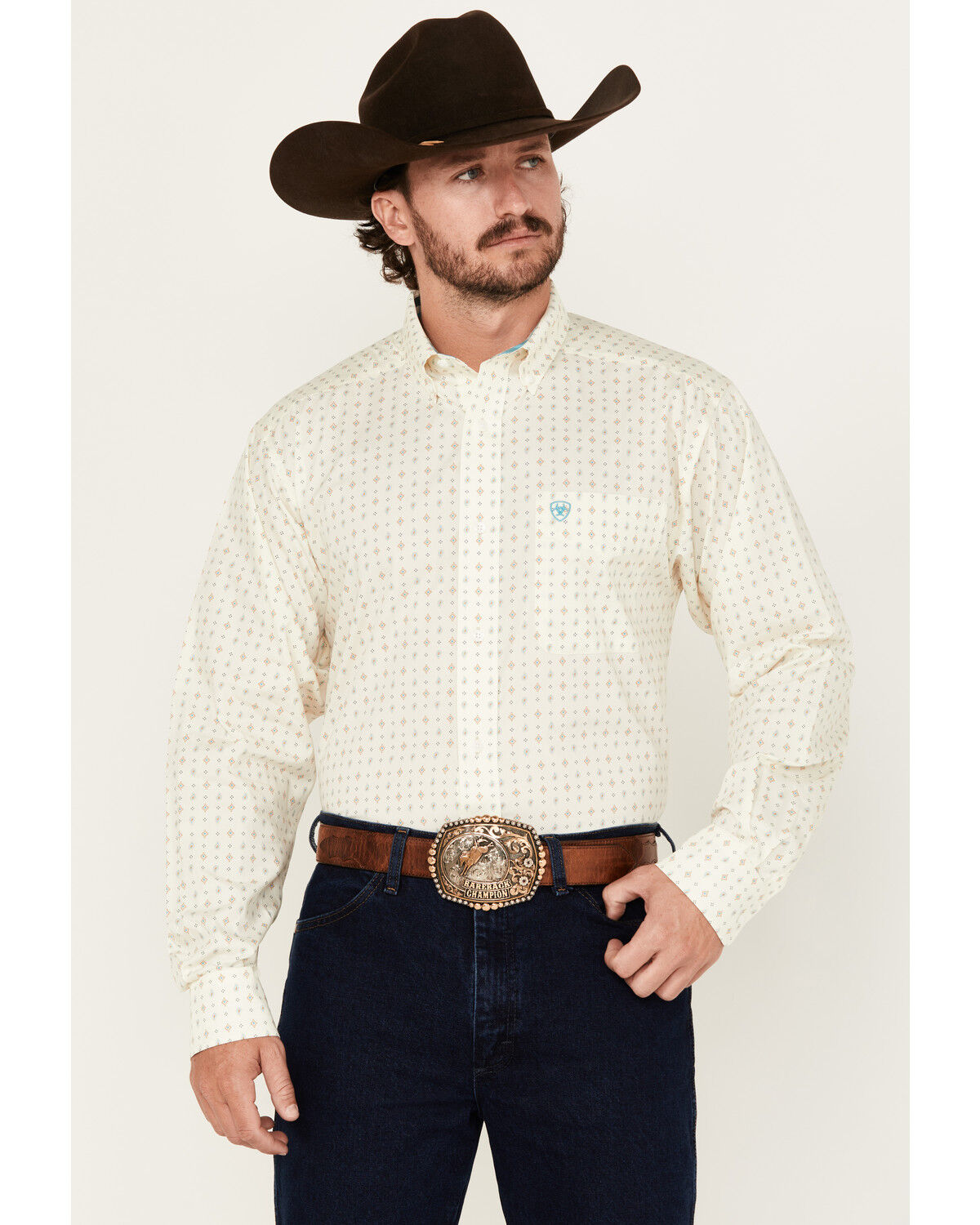 Image #1 - Ariat Men's Wrinkle Free Griffin Geo Print Long Sleeve Button-Down Western Shirt - Tall, Cream, hi-res