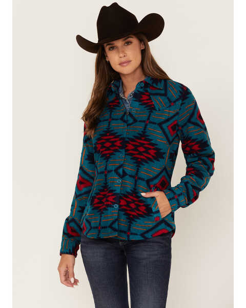 Outback Trading Co Women's Southwestern Print Eleanor Long Sleeve Button-Down Shirt, Teal, hi-res