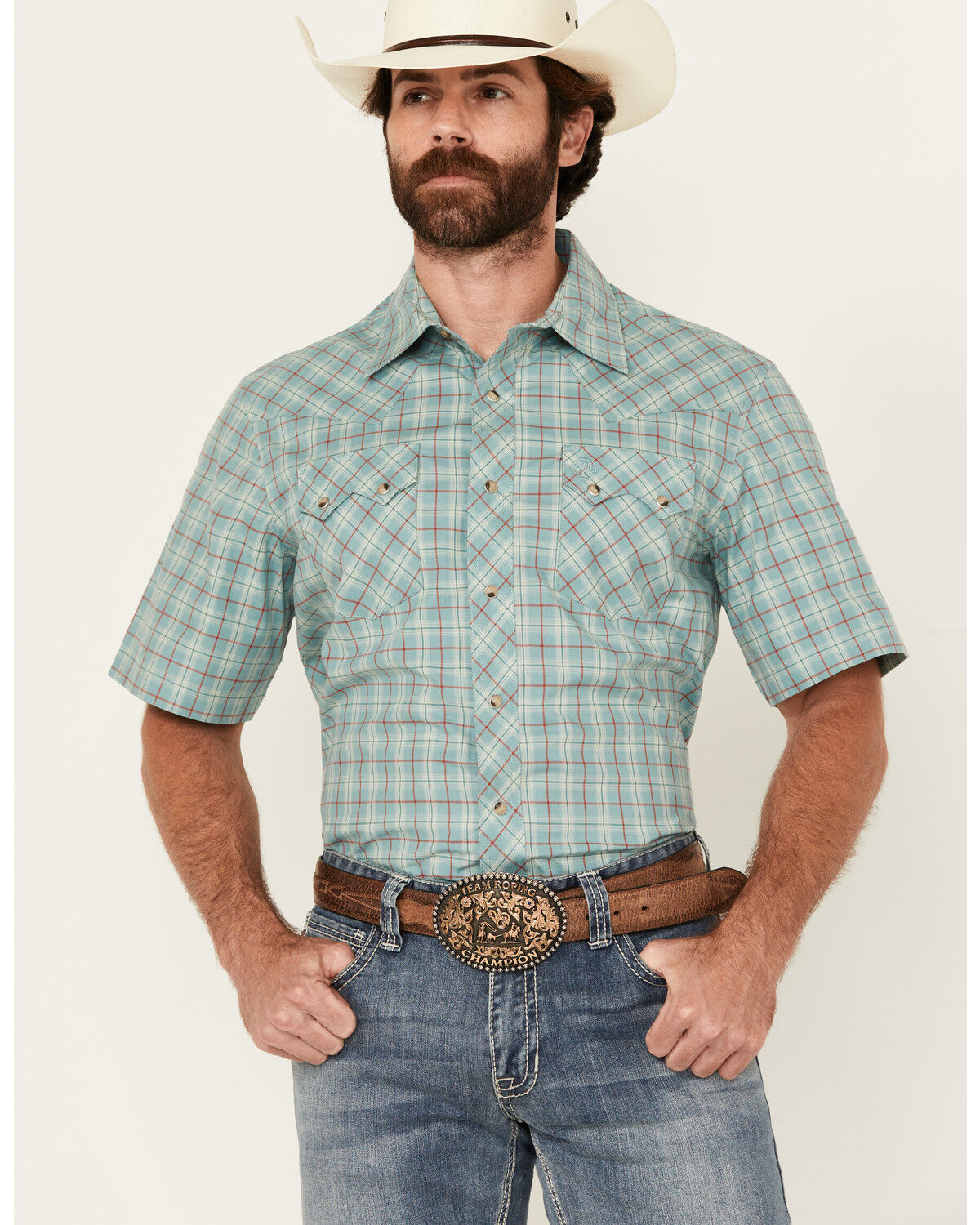 Image #1 - Wrangler Retro Men's Plaid Print Short Sleeve Snap Western Shirt, Turquoise, hi-res