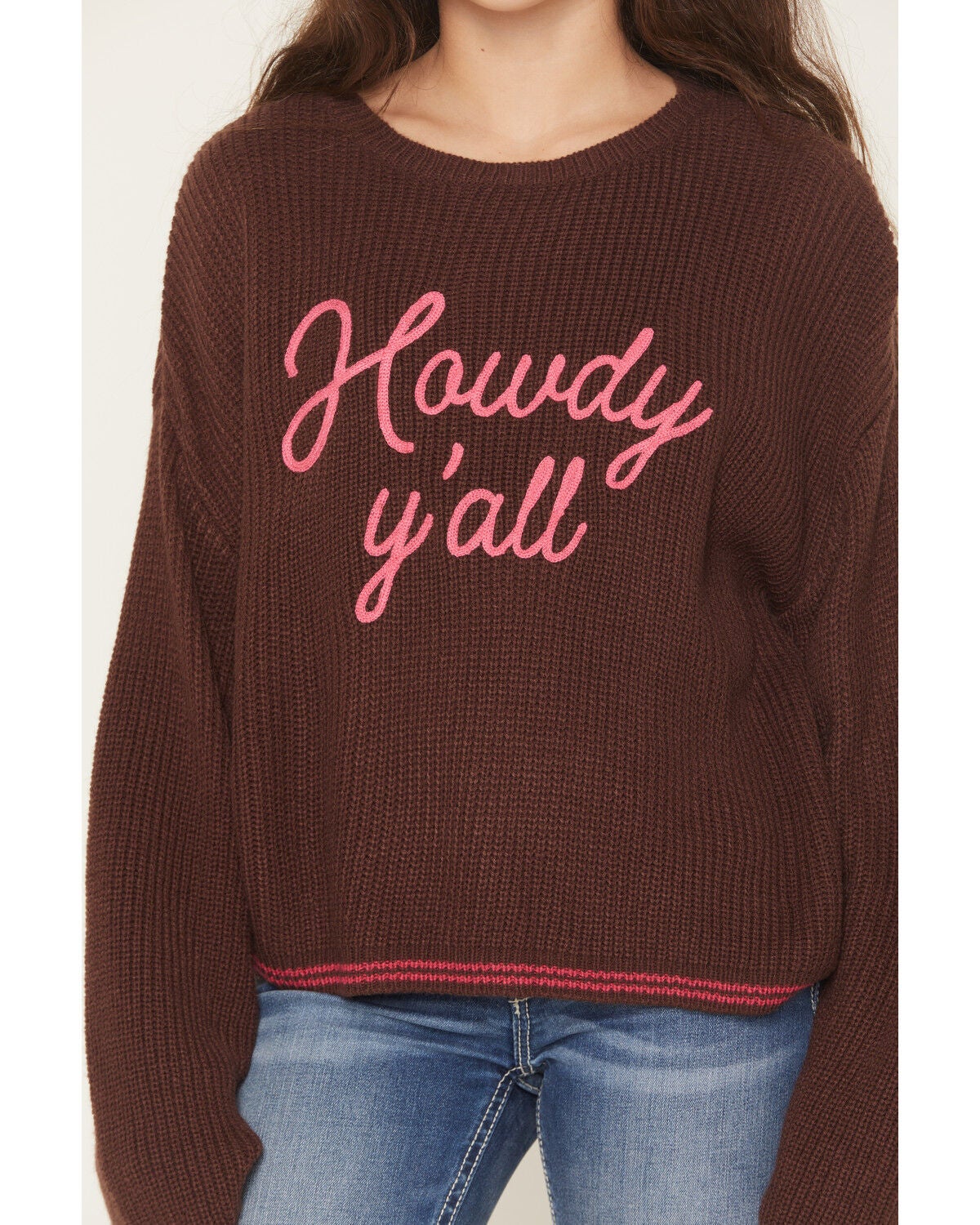Image #3 - Rock & Roll Denim Girl's Howdy Y'all Stitch Sweater, Brown, hi-res