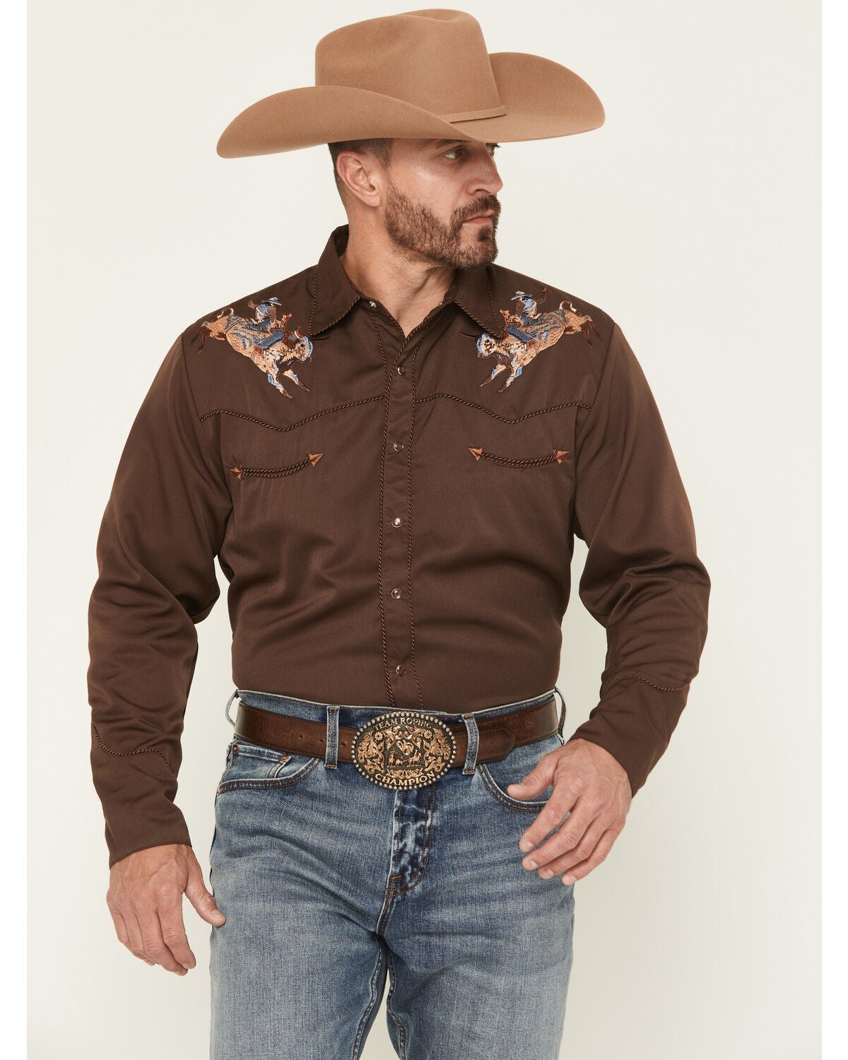 Scully Men's Cowboy Embroidered Long Sleeve Pearl Snap Western Shirt, Chocolate, hi-res