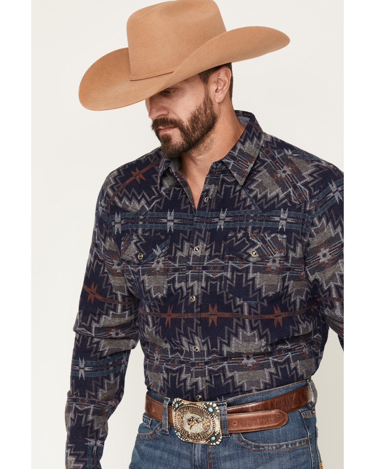 Image #2 - Cody James Men's Bowie Knife Southwestern Print Long Sleeve Snap Flannel Shirt, Navy, hi-res