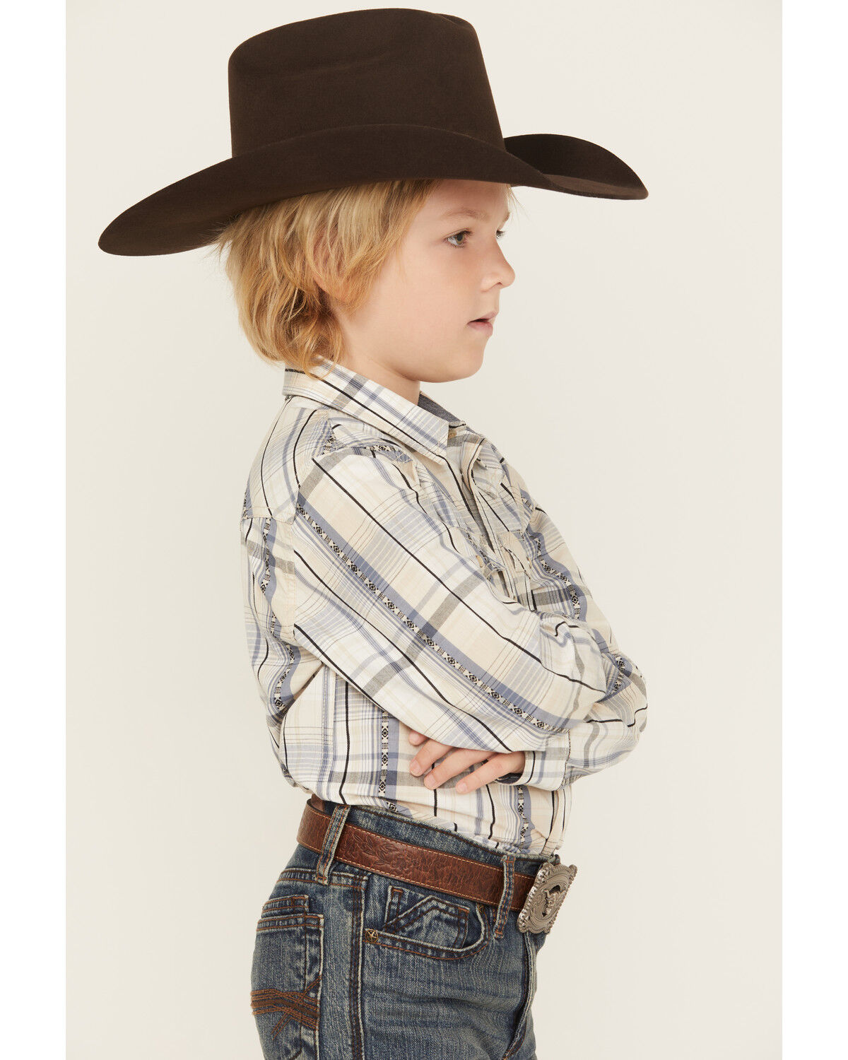 Image #3 - Cody James Boys' Wind Plaid Print Long Sleeve Snap Western Shirt, Cream, hi-res