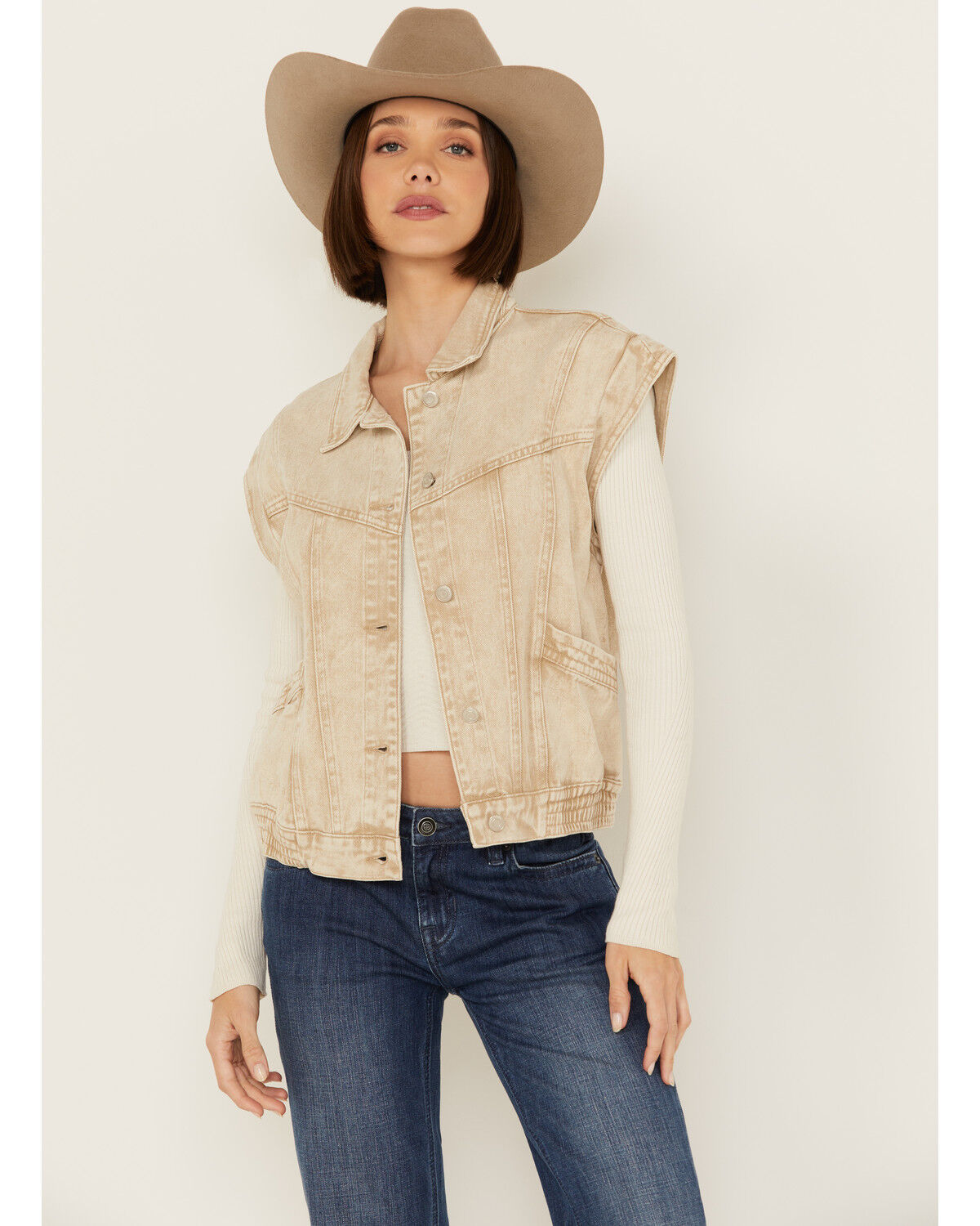 Image #1 - Revel Women's Button-Down Denim Vest, Tan, hi-res