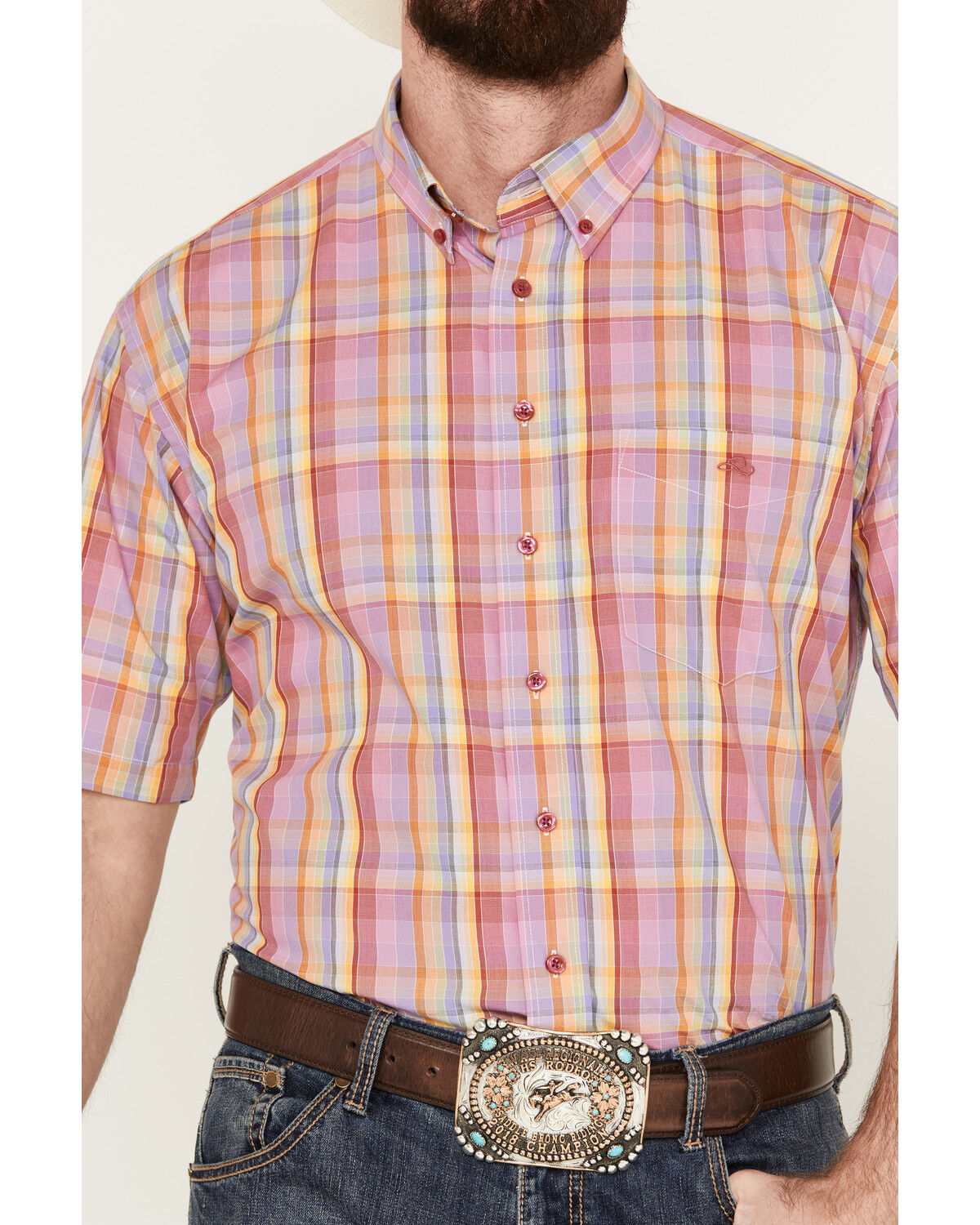 Image #3 - Resistol Men's Panama Plaid Print Short Sleeve Button Down Western Shirt, Pink, hi-res