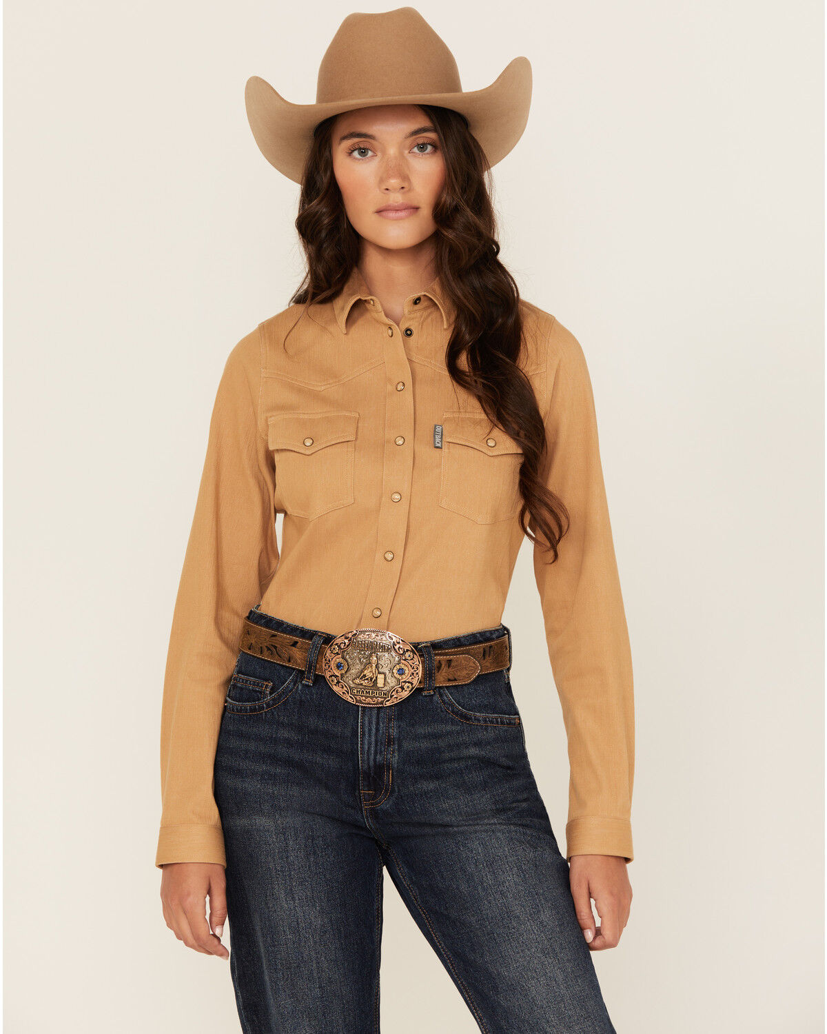 Image #2 - Outback Trading Co Women's Solid Knit Long Sleeve Snap Western Shirt, Tan, hi-res