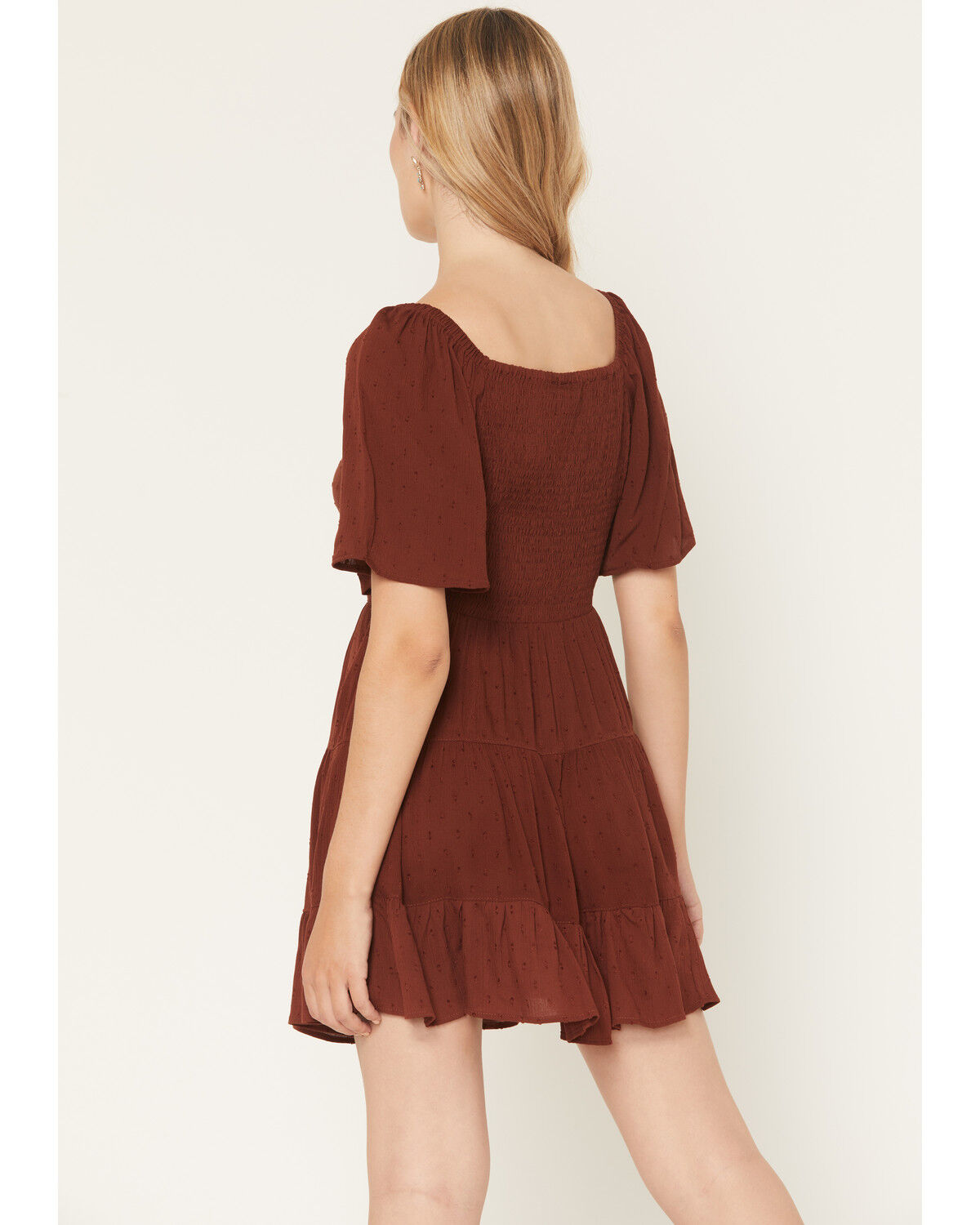 Image #4 - Angie Women's Swiss Dot Short Sleeve Mini Dress, Brown, hi-res
