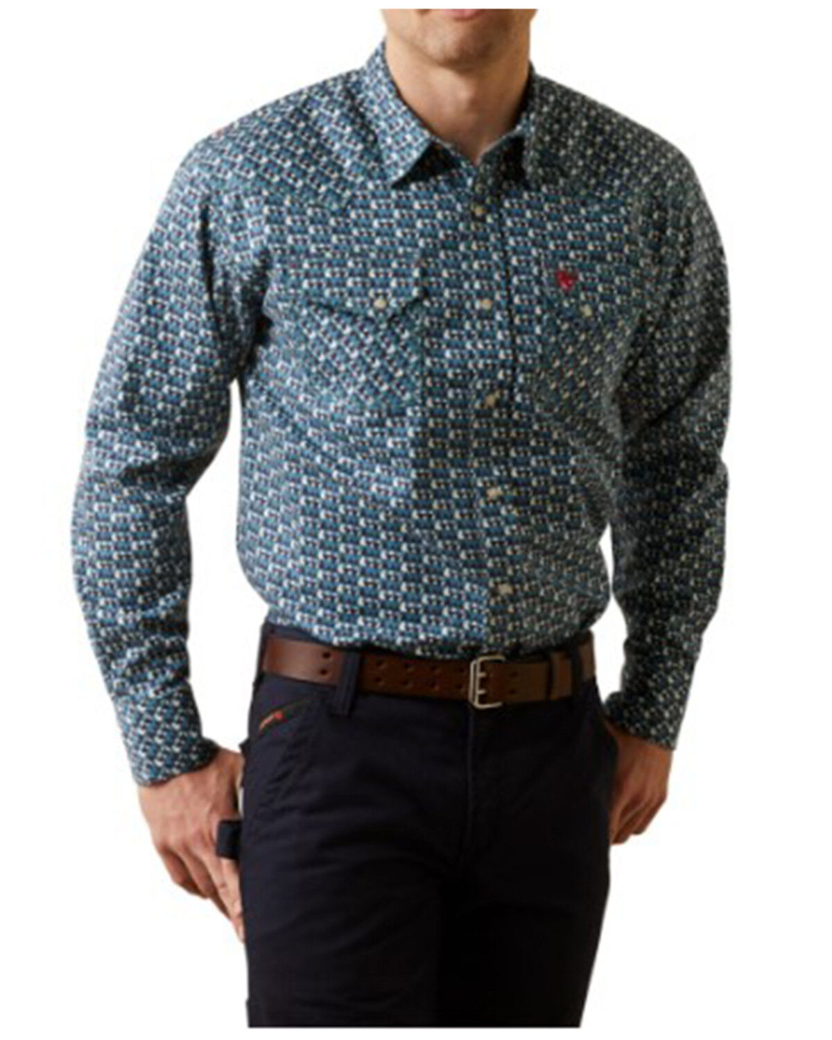 Image #1 - Ariat Men's FR Earp Retro Print Long Sleeve Snap Work Shirt, Blue, hi-res