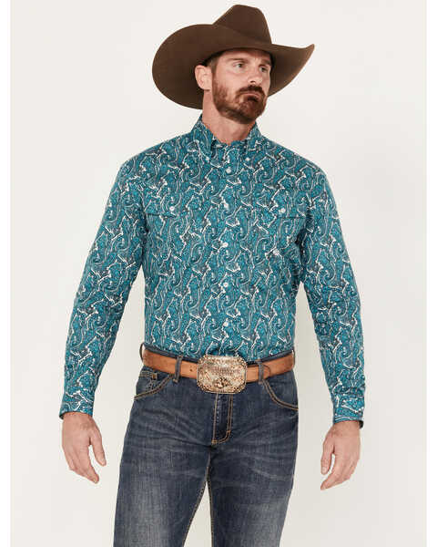 Roper Men's Amarillo Paisley Print Long Sleeve Button-Down Western Shirt, Teal, hi-res