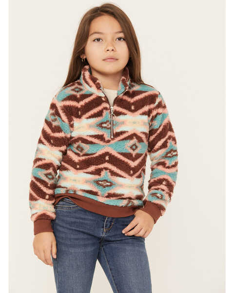 Rock & Roll Denim Girls' Southwestern Print Sherpa Quarter-Zip Pullover, Chocolate, hi-res