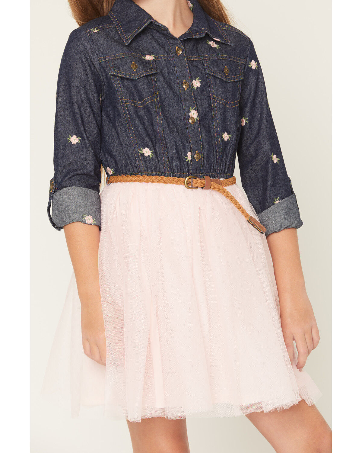 Image #3 - Sugar California Girls' Floral Embroidered Long Sleeve Button-Down Denim Tutu Dress, Multi, hi-res