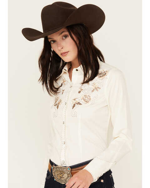 Image #2 - Rock & Roll Denim Women's Retro Embroidered Long Sleeve Snap Western Shirt , Ivory, hi-res
