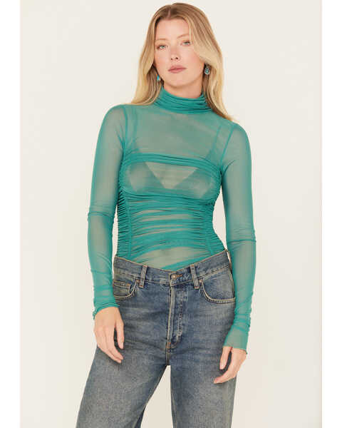 Image #1 - Free People Women's Under It All Ruched Mesh Bodysuit, Teal, hi-res