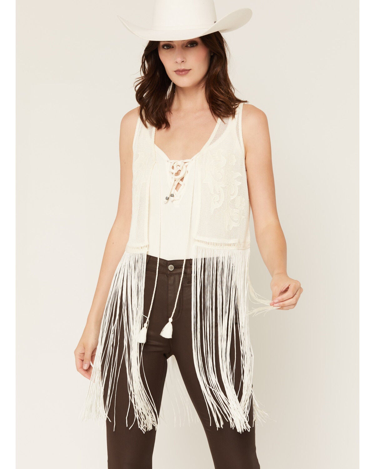 Idyllwind Women's Rhea Embroidered Mesh Fringe Vest, Cream, hi-res