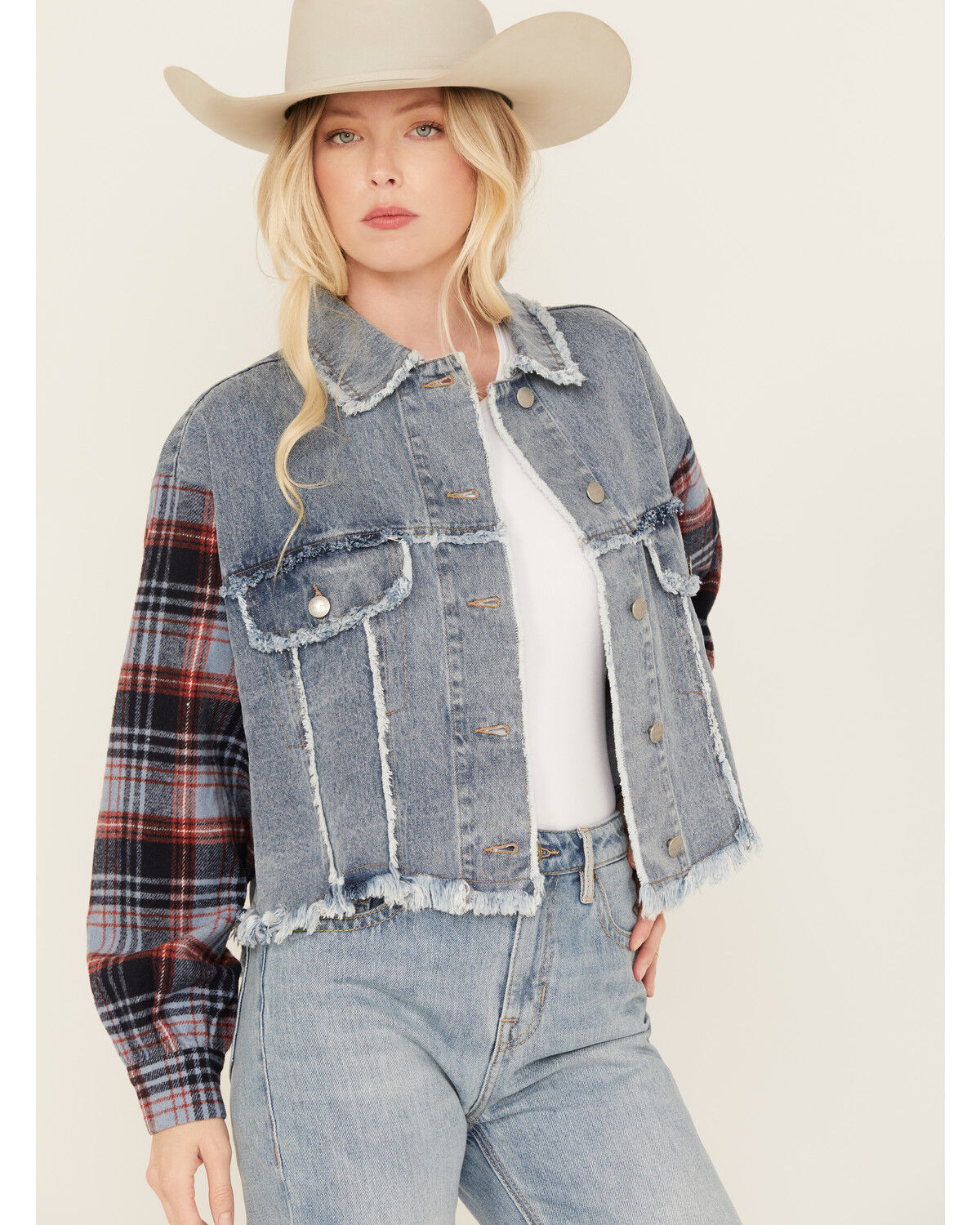 Image #2 - Miss Me Women's Medium Wash Denim Plaid Crochet Back Cropped Jacket, Medium Wash, hi-res