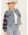 Image #2 - Miss Me Women's Medium Wash Denim Plaid Crochet Back Cropped Jacket, Medium Wash, hi-res