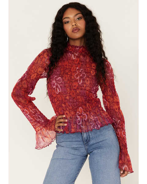 Image #1 - Free People Women's Hello There Floral Top, Wine, hi-res