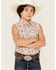 Shyanne Girls' Floral Print Sleeveless Western Snap Shirt, Ivory, hi-res