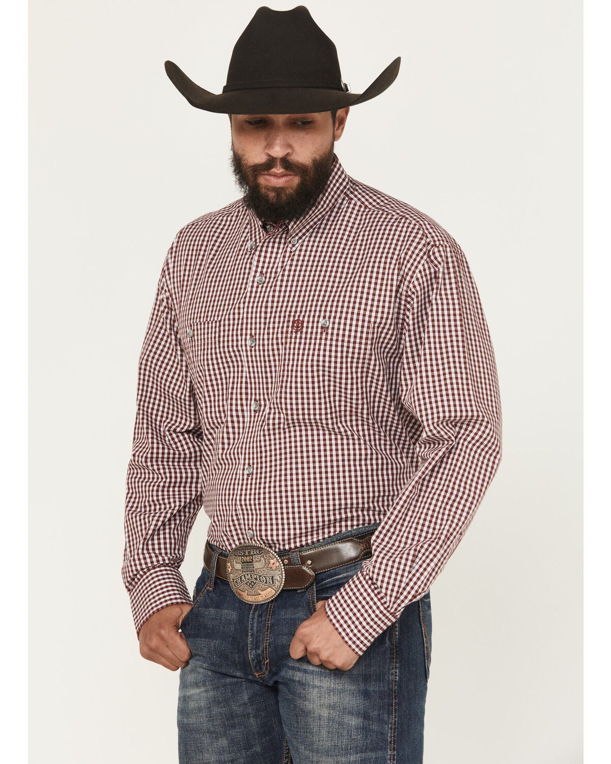 George Strait Wrangler Men's Checkered Long Sleeve Button-Down Stretch Western Shirt - Tall, Wine, hi-res