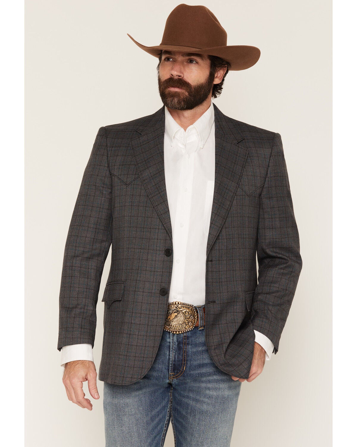 Circle S Men's Lubbock Plaid Print Button-Down Sportcoat, Charcoal, hi-res