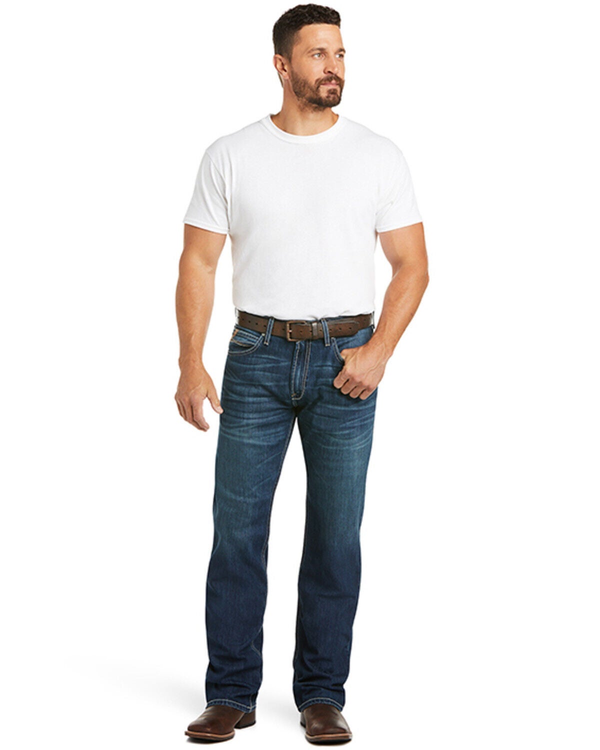 Ariat Men's M4 Ford Bragg Dark Stretch Relaxed Bootcut Jeans, Blue, hi-res