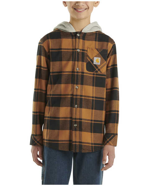 Image #1 - Carhartt Boys' Plaid Print Button-Down Long Sleeve Hooded Flannel Shirt , Medium Brown, hi-res