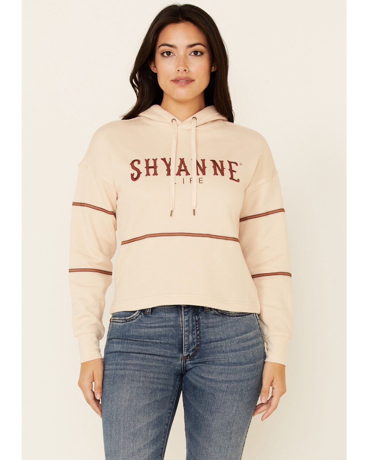 Image #1 - Shyanne Women's Tan & White Embroidered Logo Crop Hoodie, Tan, hi-res