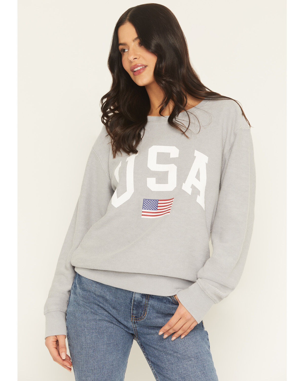 Image #1 - Blended Women's USA Flag Crewneck Sweater, Grey, hi-res