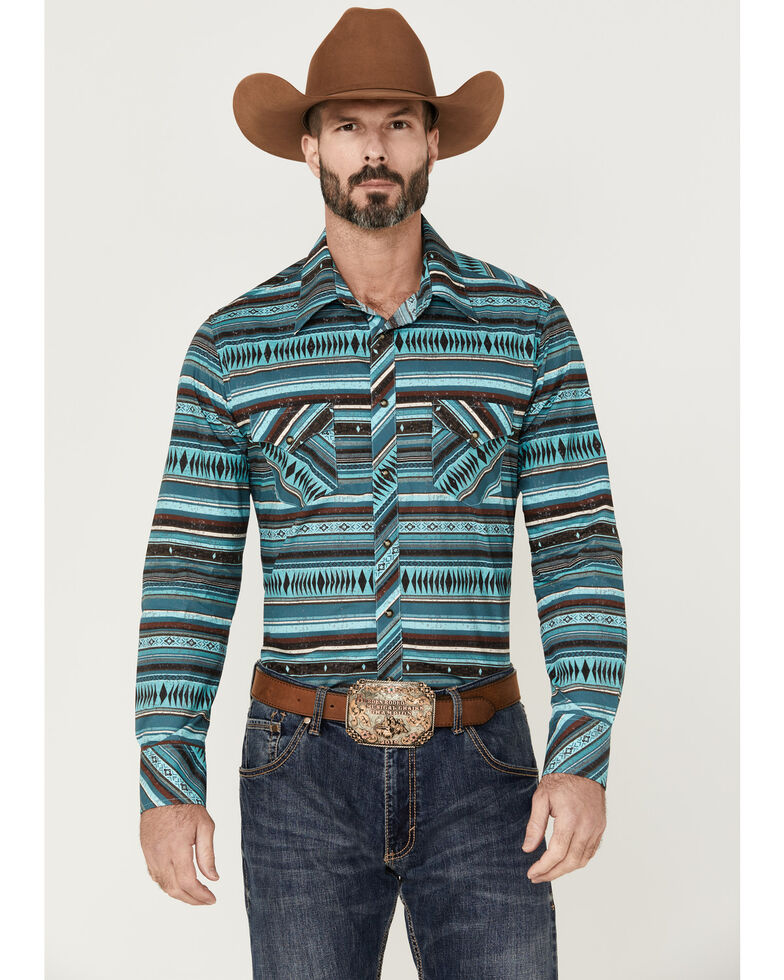 Rock & Roll Denim Men's Agua Southwestern Serape Print Long Sleeve Snap Western Shirt , Aqua, hi-res