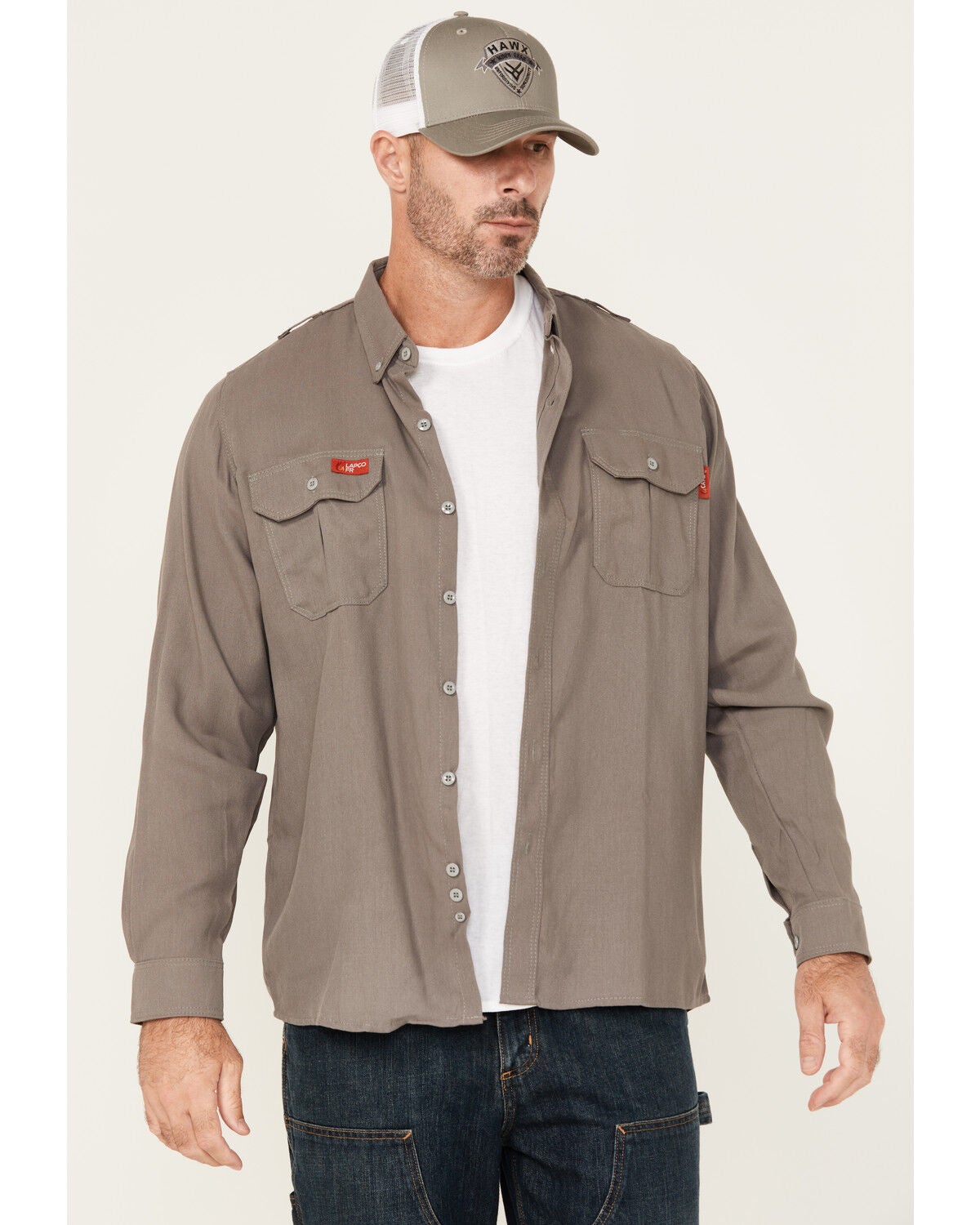 Lapco Men's FR Modern Uniform Long Sleeve Button-Down Work Shirt, Grey, hi-res