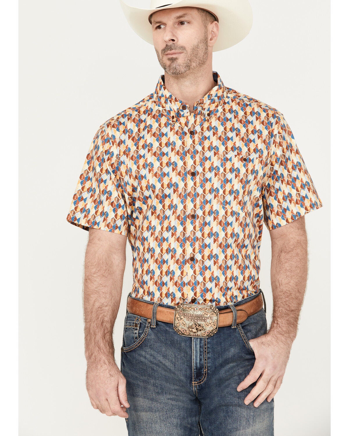 Image #1 - RANK 45&reg; Men's Abstract Geo Print Short Sleeve Button-Down Shirt, Gold, hi-res