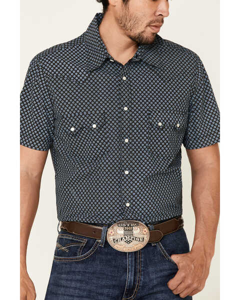 Rock & Roll Denim Men's Geo Print Short Sleeve Pearl Snap Western Shirt , Blue, hi-res