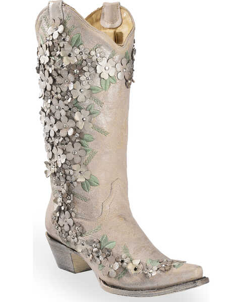 Image #1 - Corral Women's Floral Overlay Embroidered Stud and Crystals Western Boots - Snip Toe, White, hi-res