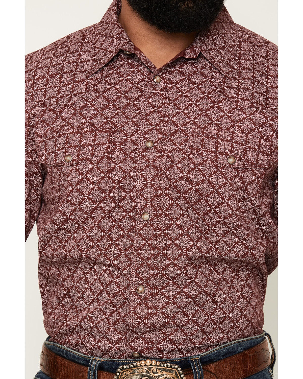 Image #3 - Gibson Trading Co Men's Gypsy Den Medallion Print Short Sleeve Snap Western Shirt - Big, Burgundy, hi-res