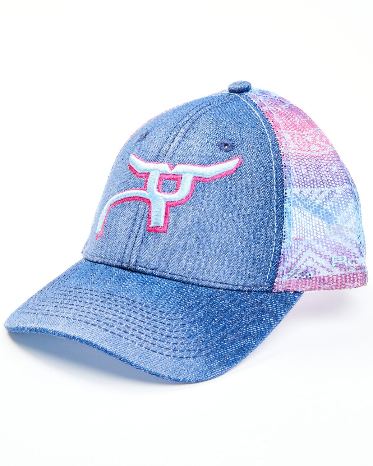 RopeSmart Little Girls' Denim Southwestern Print Mesh-Back Ball Cap, Blue, hi-res