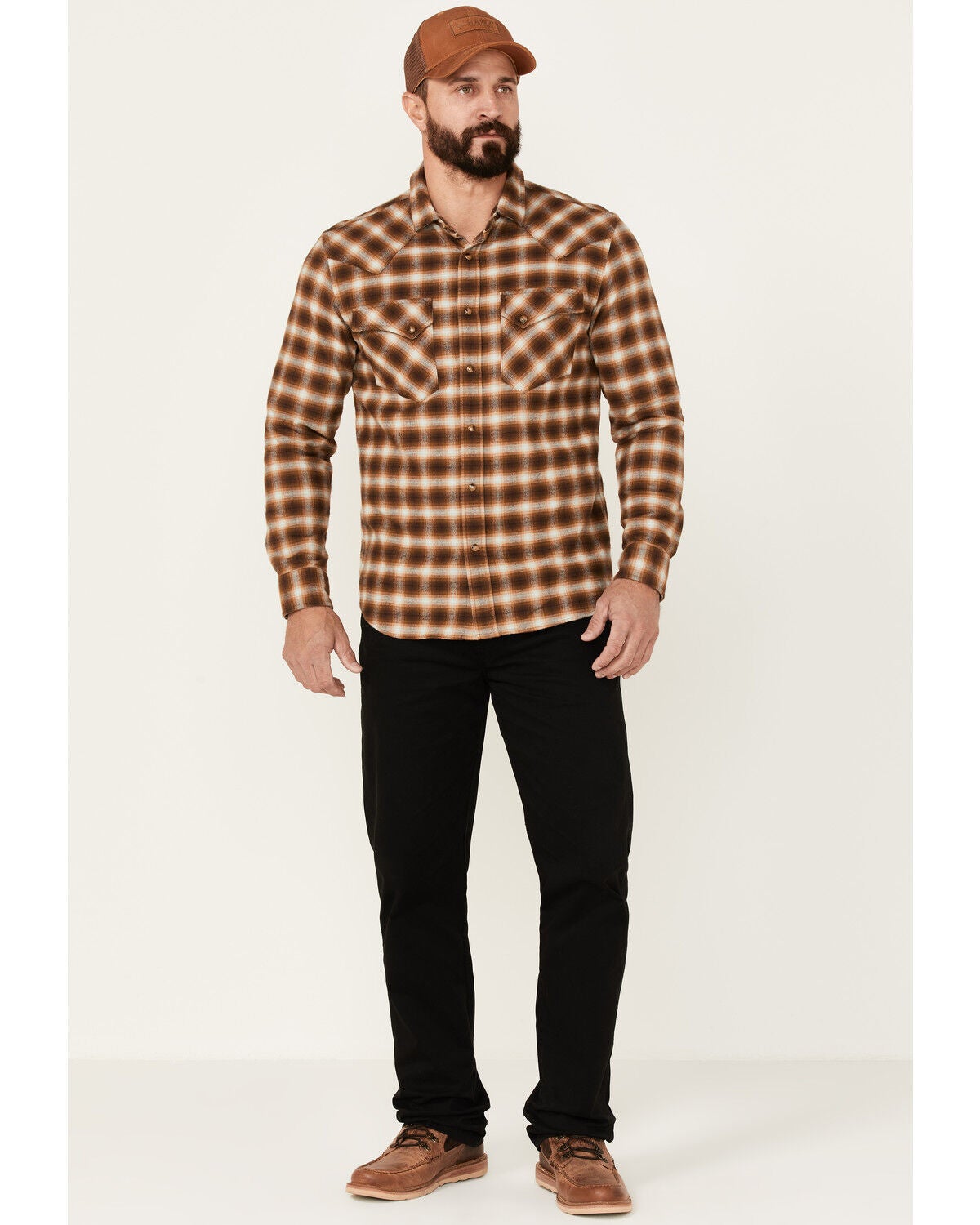 Image #2 - Pendleton Men's Wyatt Small Plaid Long Sleeve Snap Western Shirt, Brown, hi-res
