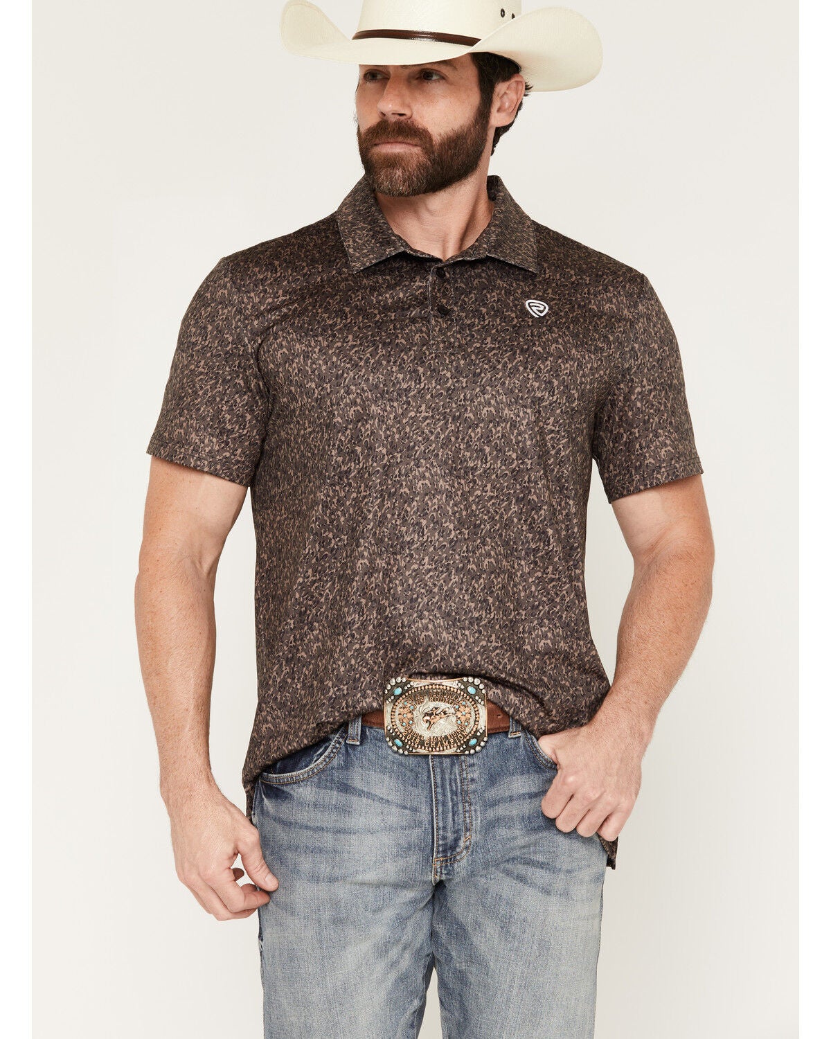 Rock & Roll Denim Men's Camo Print Short Sleeve Button-Down Stretch Polo Shirt, Camouflage, hi-res