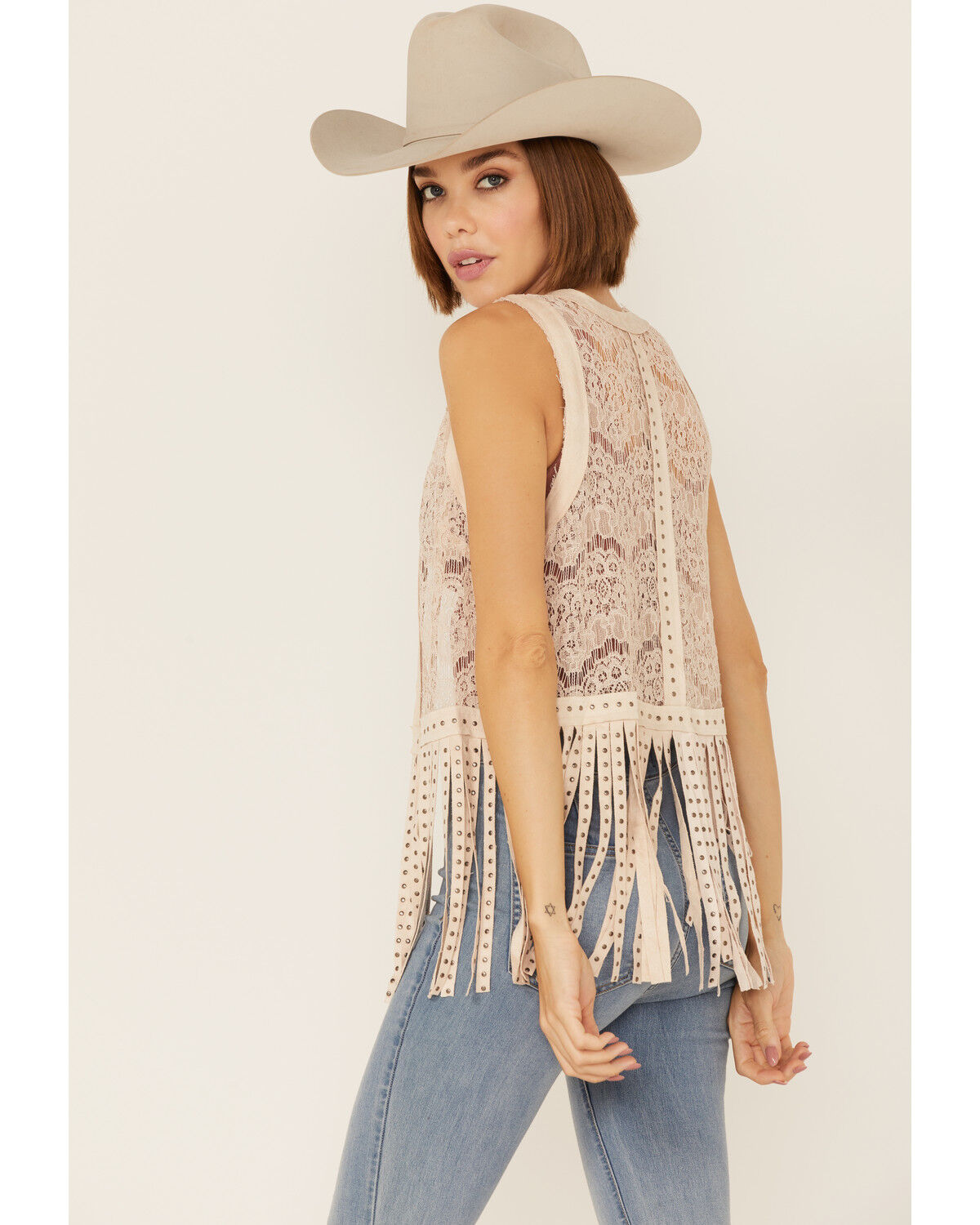 Image #4 - Vocal Women's Lace Studded Fringe Vest, Natural, hi-res